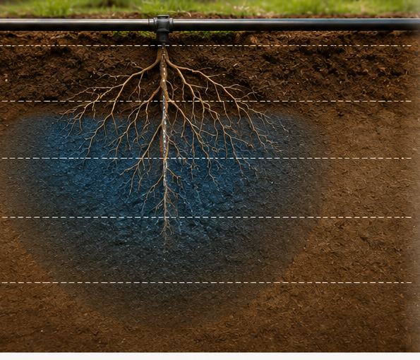 Coupe de sol montrant le bulbe d’irrigation et l’évolution du profil hydrique